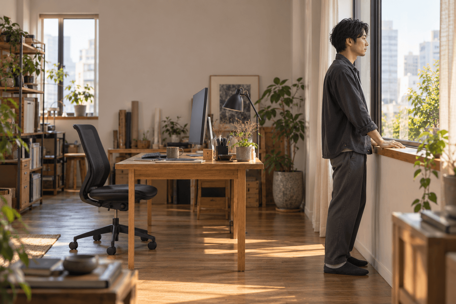 AIで生成した日常のイメージ: 同じデザイナーが机と空の椅子を離れ、窓辺に立つ